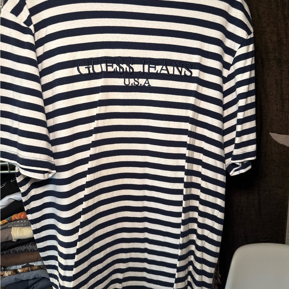 Guess A$AP ROCKY Men's Navy and White Striped Tee
